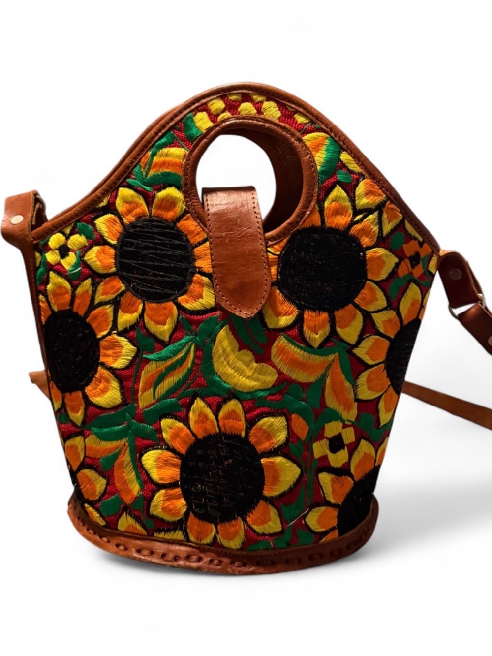 Hand-Embroidered Sunflower Crossbody Bag - Brown Trim
